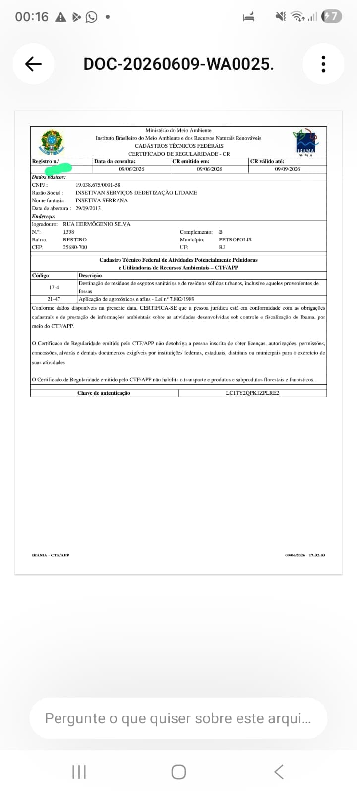 Certificado de Regularidade do IBAMA da Insetivan