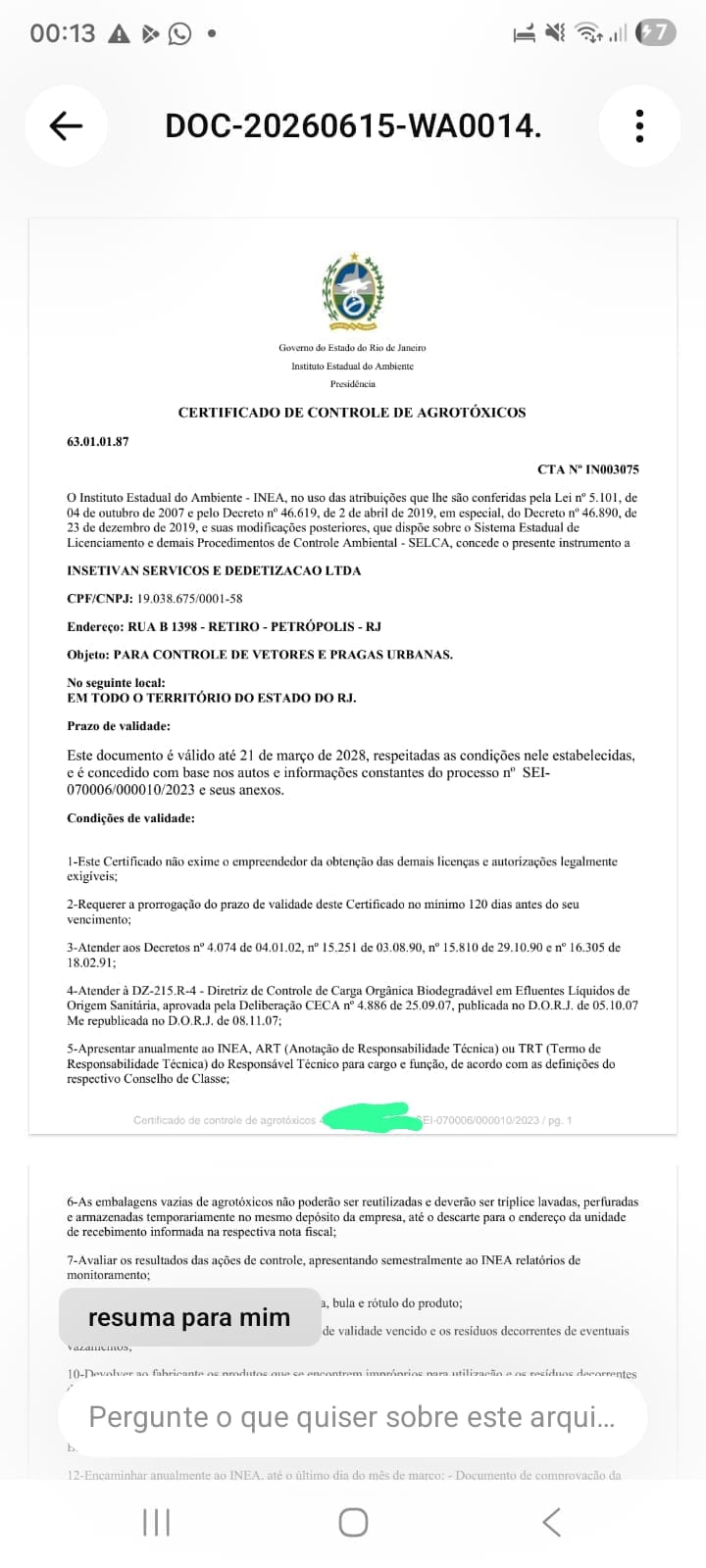 Certificado de Controle de Agrotóxicos do INEA da Insetivan